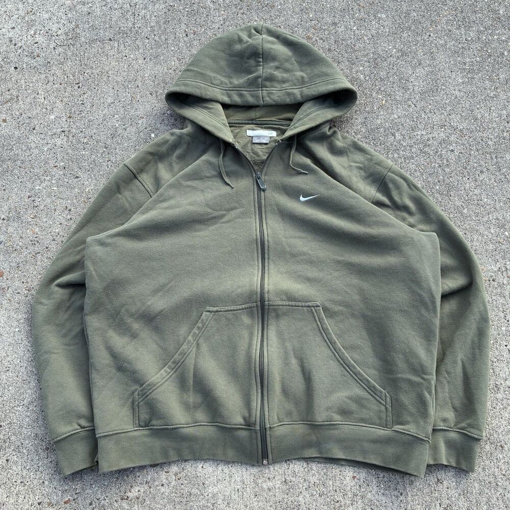 Vintage Nike Olive Green Full Zip Hoodie Silver Tag Y2K Swoosh Men’s XL